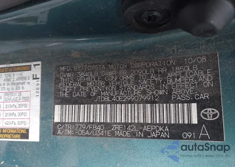 2009 Toyota Corolla Le/Xle from USA, damaged, VIN JTDBL40E299079912